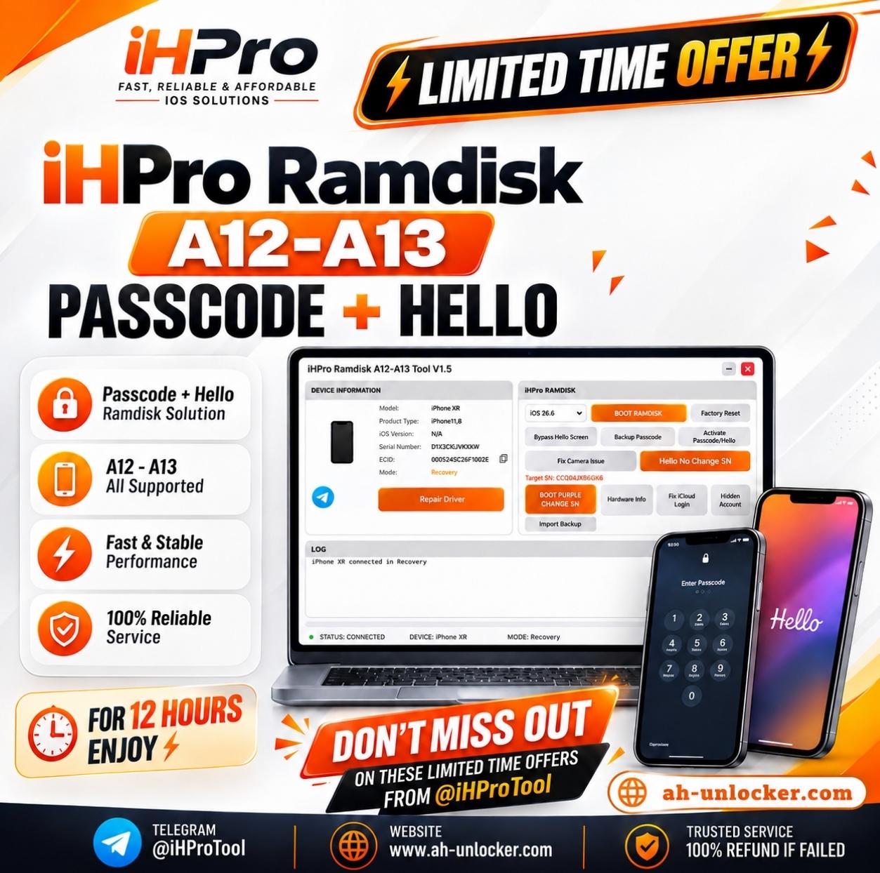 iHPro Ramdisk A12-A13 - Passcode Bypass with Signal + Owner Info (Windows Tool